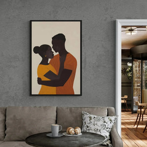 Urban Black aesthetic wall art in concrete loft living room with linen sofa and walnut table, minimalist Black couple embrace. Digital mockup.