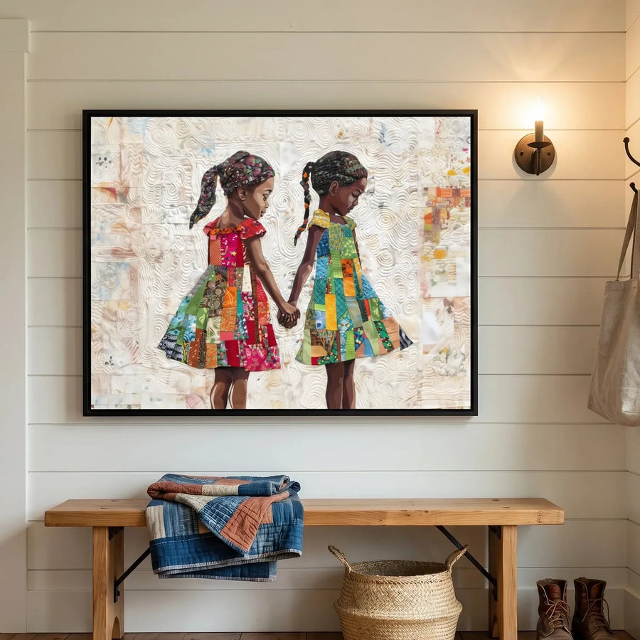 Black farmhouse wall decor in shiplap mudroom with patchwork quilt and woven basket, Black girl sister children quilt art. Digital mockup.