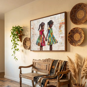 Afrocentric wall decor canvas in boho hallway with woven African basket plates and pampas, Black sister children art. Digital mockup.