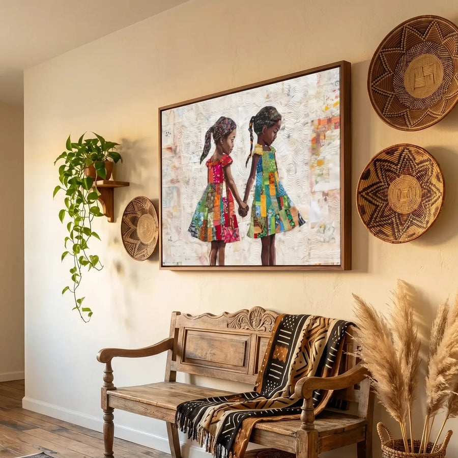 Afrocentric wall decor canvas in boho hallway with woven African basket plates and pampas, Black sister children art. Digital mockup.