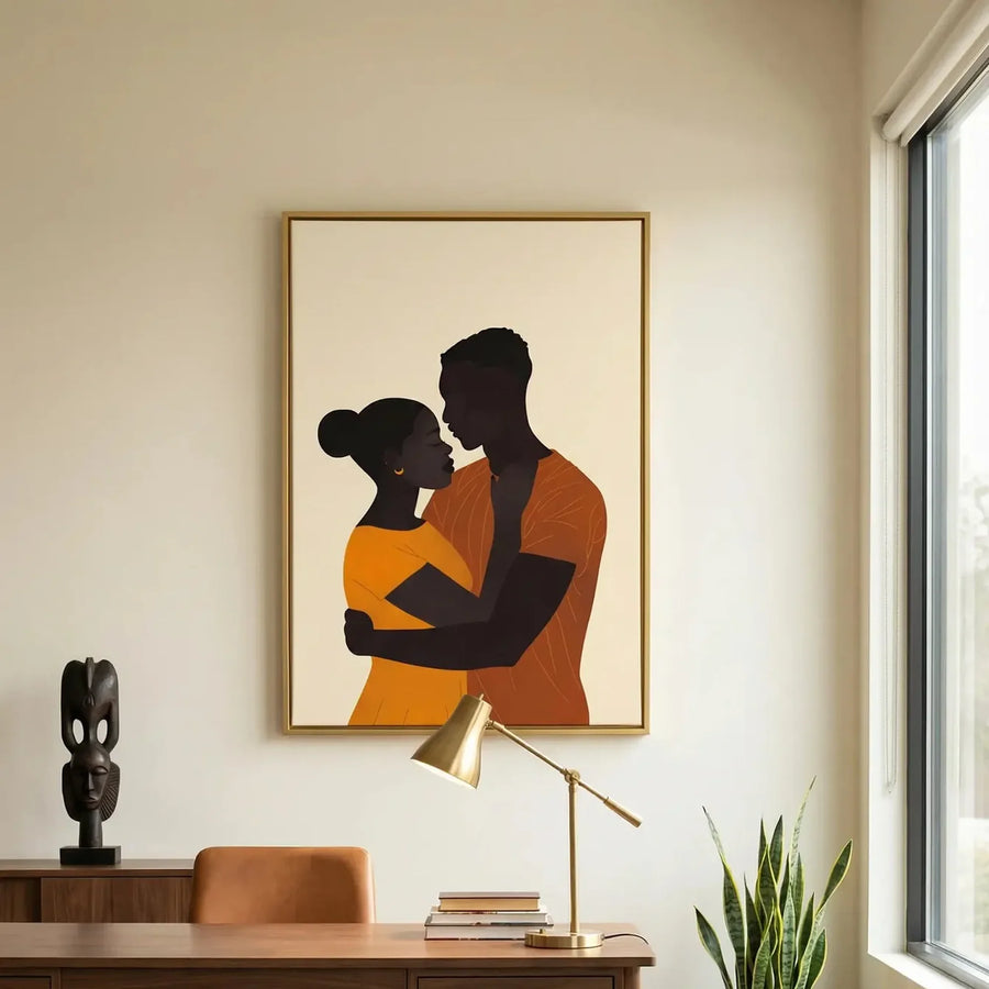 Black home office art in modern home office with walnut desk and African statue, minimalist Black couple embrace. Digital mockup.