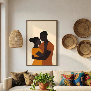 Afrohemian home decor wall art in boho Moroccan living room with mudcloth pillows, minimalist Black couple embrace. Digital mockup.