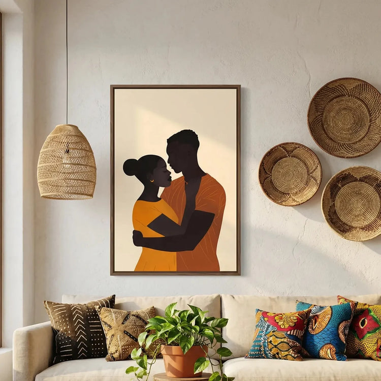 Afrohemian home decor wall art in boho Moroccan living room with mudcloth pillows, minimalist Black couple embrace. Digital mockup.