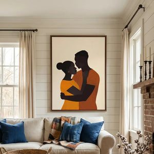 Black love canvas art in farmhouse living room with shiplap and brick fireplace, minimalist Black couple embrace illustration. Digital mockup.