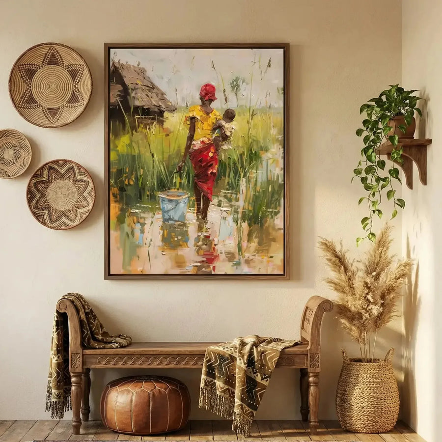 Afrohemian home decor wall art in boho hallway with woven African baskets, African woman with baby in village. Digital mockup.