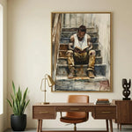 Modern Afro art for office in mid-century workspace with walnut desk and snake plant, watercolor Black man reading. Digital mockup.