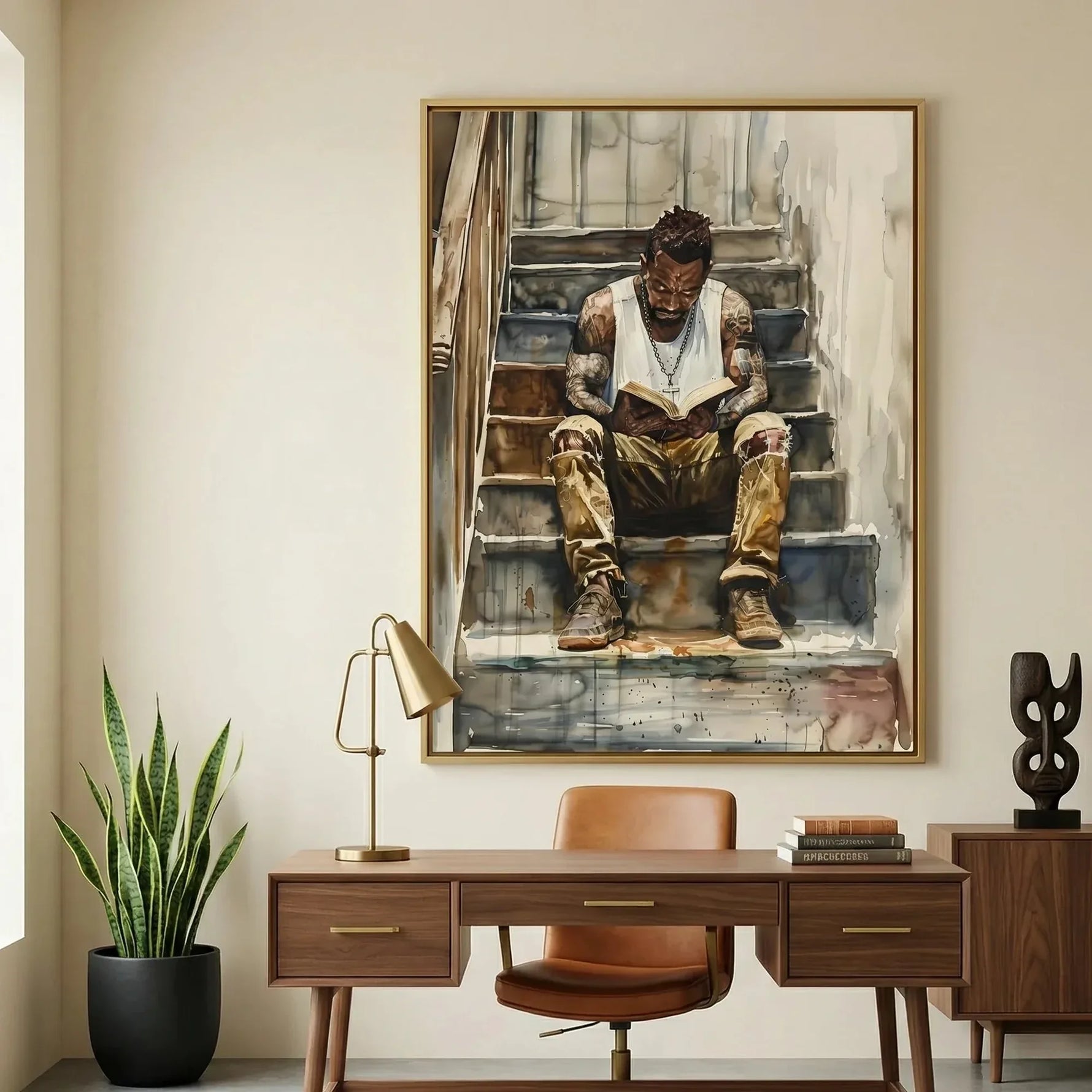 Modern Afro art for office in mid-century workspace with walnut desk and snake plant, watercolor Black man reading. Digital mockup.