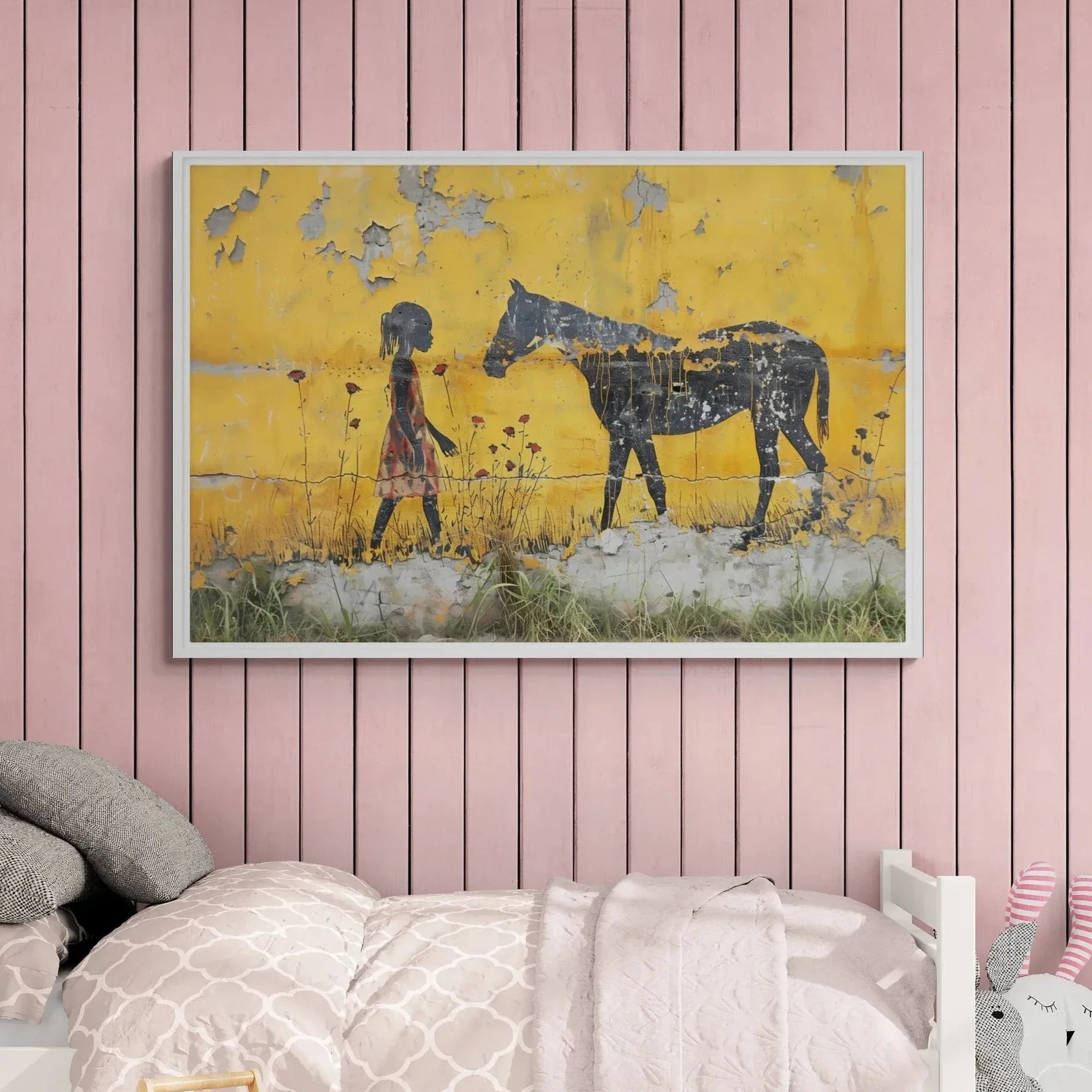 Black art for nursery walls in pink kids bedroom with patterned bedding, Black girl with horse street-art stencil. Digital mockup.
