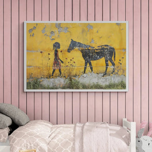 Black art for nursery walls in pink kids bedroom with patterned bedding, Black girl with horse street-art stencil. Digital mockup.