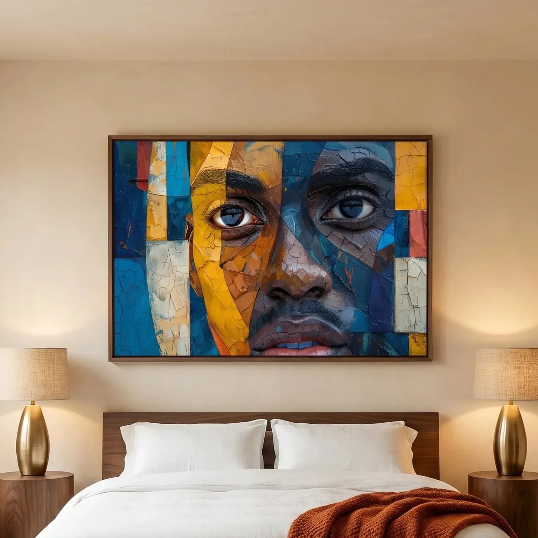 African American art for bedroom in modern bedroom with walnut platform bed and brass lamps, mosaic Black man portrait. Digital mockup.