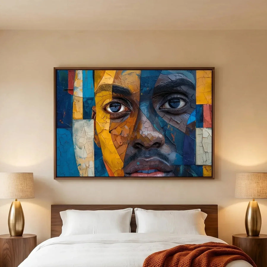 African American art for bedroom in modern bedroom with walnut platform bed and brass lamps, mosaic Black man portrait. Digital mockup.