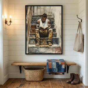 Modern Black art for apartment in minimalist hallway with brass sconce and walnut bench, watercolor Black man reading. Digital mockup.