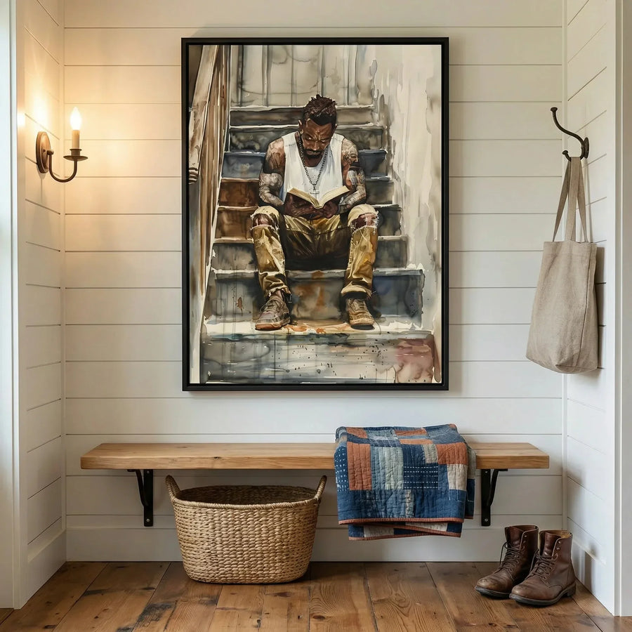 Modern Black art for apartment in minimalist hallway with brass sconce and walnut bench, watercolor Black man reading. Digital mockup.