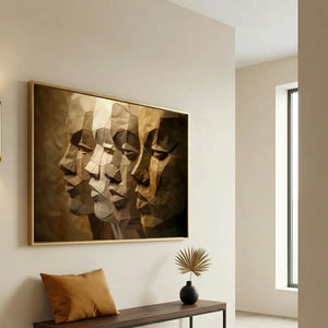 Modern Black art for apartment in minimalist hallway with brass sconce and walnut bench, paper-craft Black men profiles. Digital mockup.
