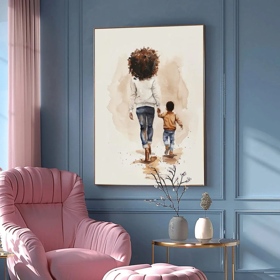 African American art for bedroom in glamorous pink boucle reading nook with blue velvet wall, watercolor Black mother and son. Digital mockup.