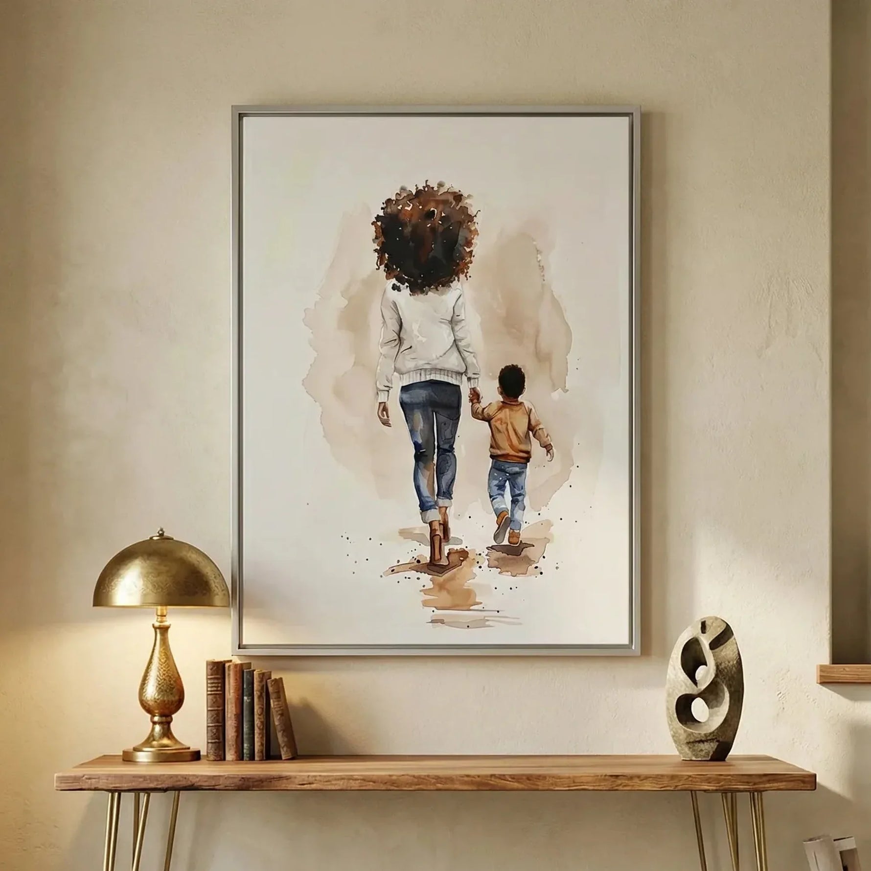 Modern Black art for apartment in modern hallway with walnut console, watercolor Black mother walking with son. Digital mockup.