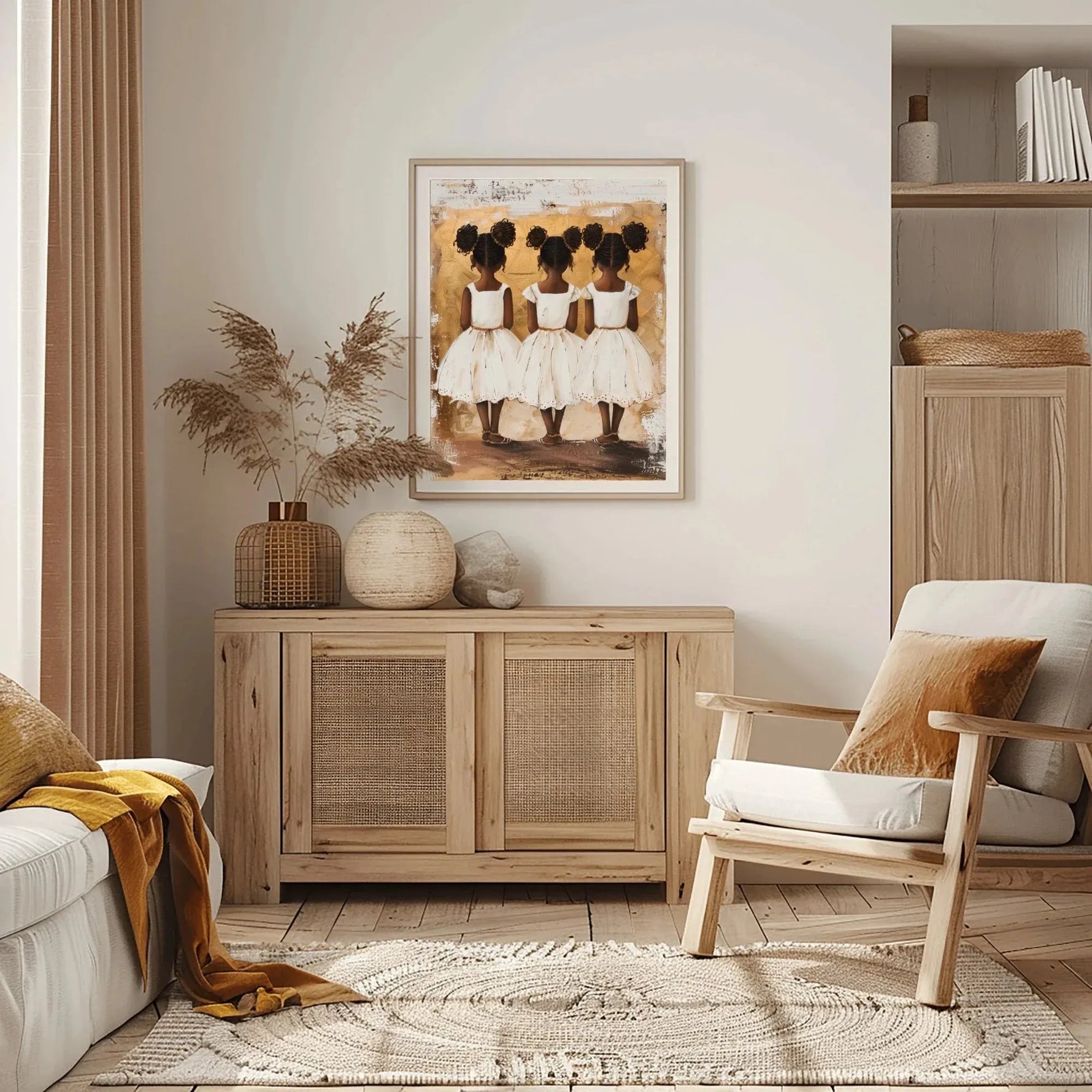 Black motherhood art prints in scandi living room with cane sideboard and pampas, three Black girl sisters art, painterly art. Digital mockup.