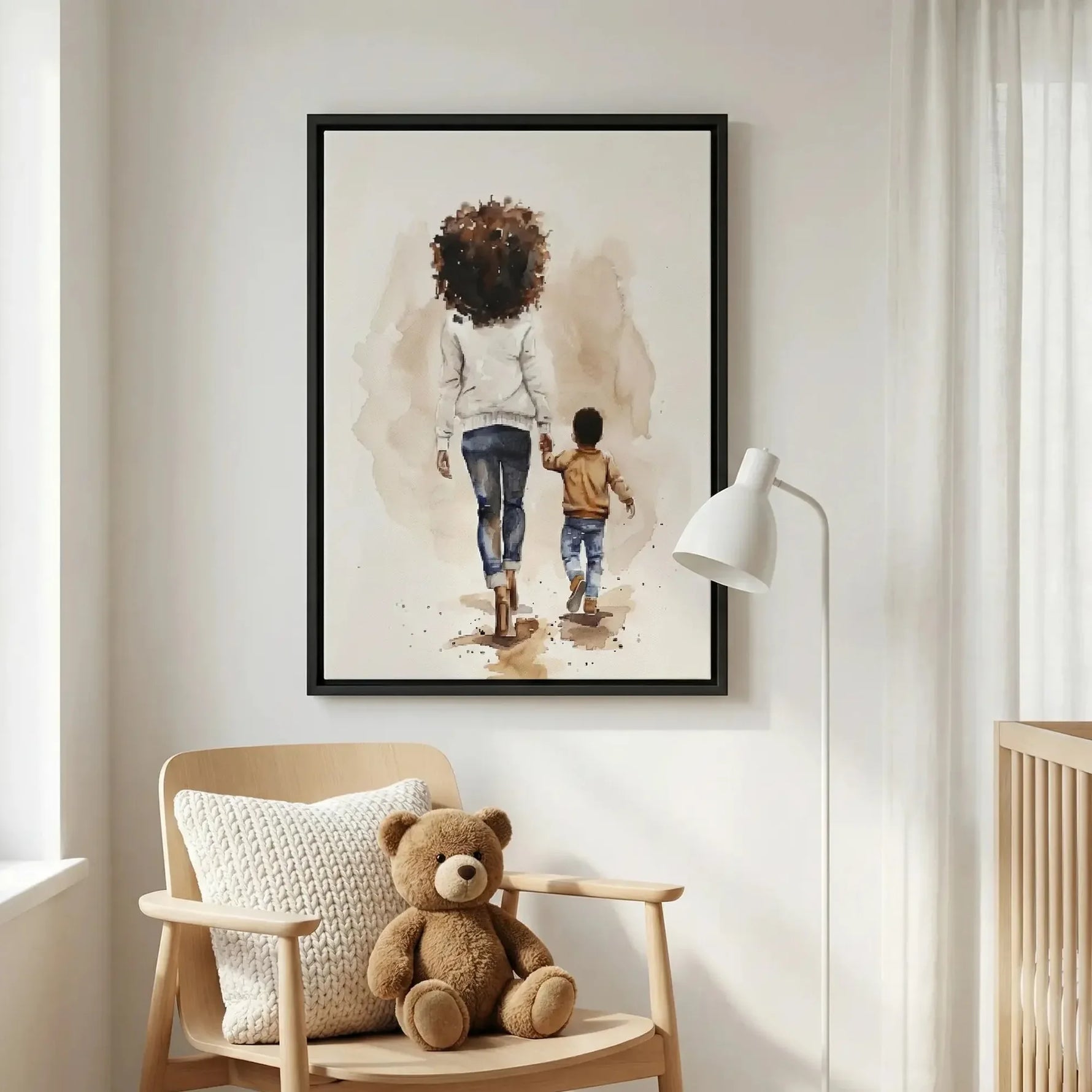 Black motherhood nursery wall art in modern nursery with wood chair and teddy bear, watercolor Black mother walking with son. Digital mockup.