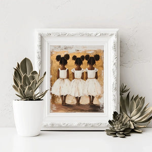 Black motherhood nursery wall art in ornate white frame styled with succulents, three Black girl sisters art, painterly art. Digital mockup.