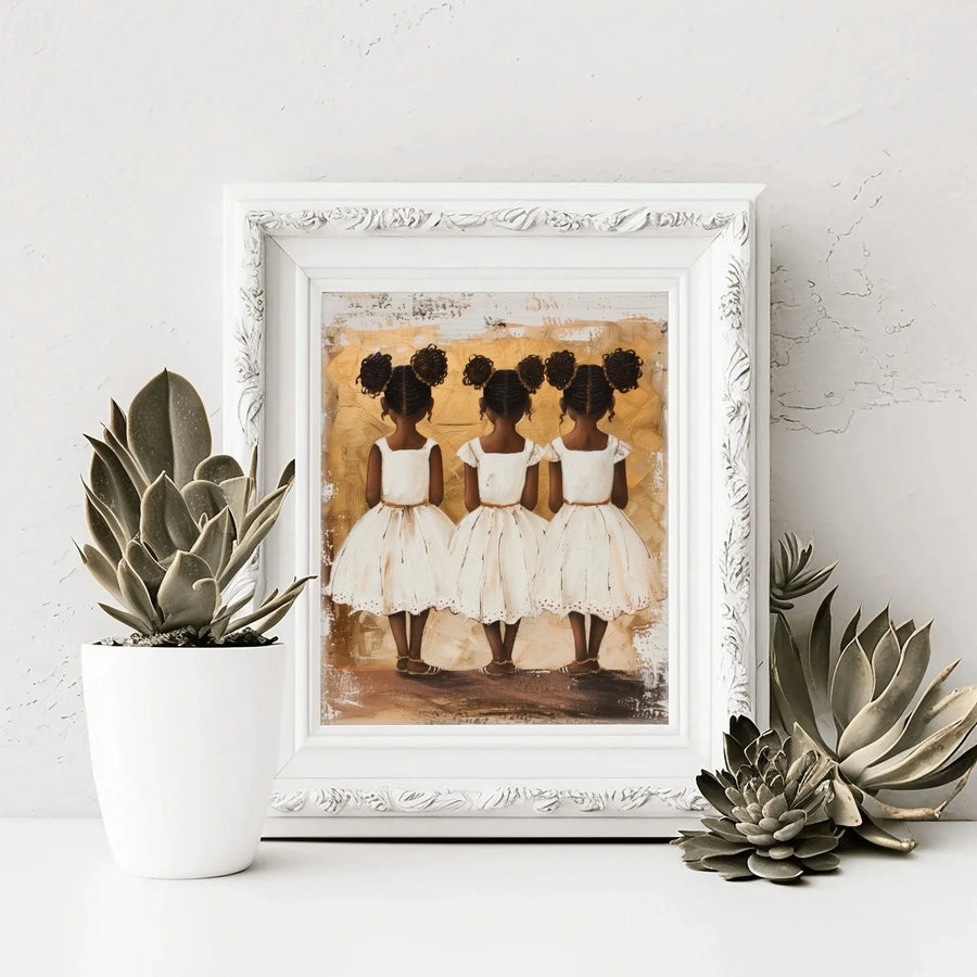 Black motherhood nursery wall art in ornate white frame styled with succulents, three Black girl sisters art, painterly art. Digital mockup.