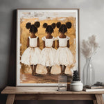 Black art for nursery walls styled on bench with dried botanicals, three Black girl sisters in white dresses, painterly art. Digital mockup.