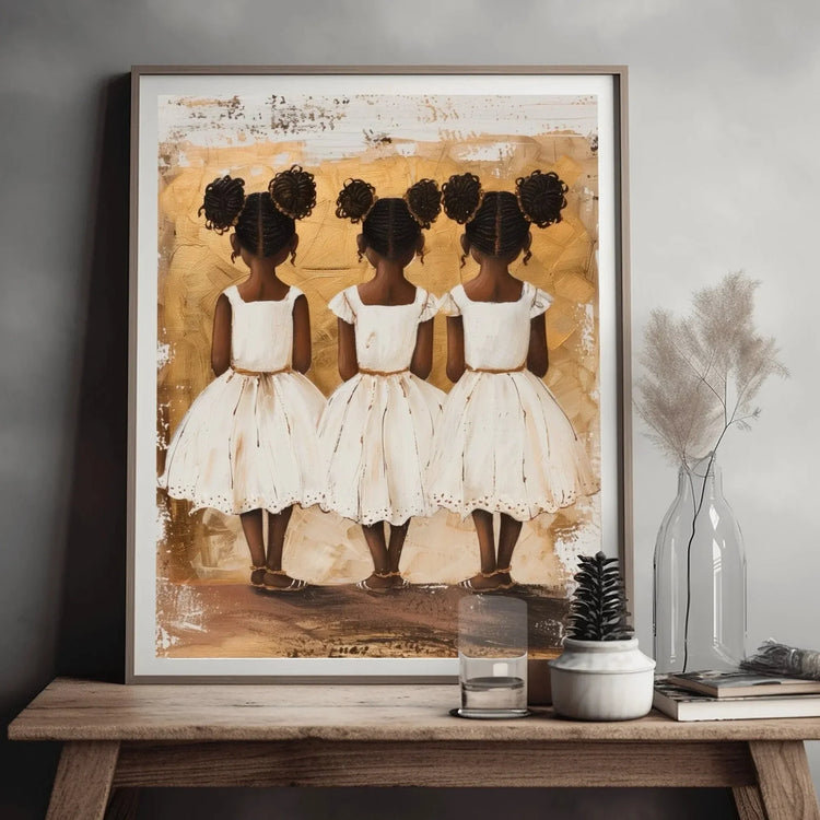 Black art for nursery walls styled on bench with dried botanicals, three Black girl sisters in white dresses, painterly art. Digital mockup.
