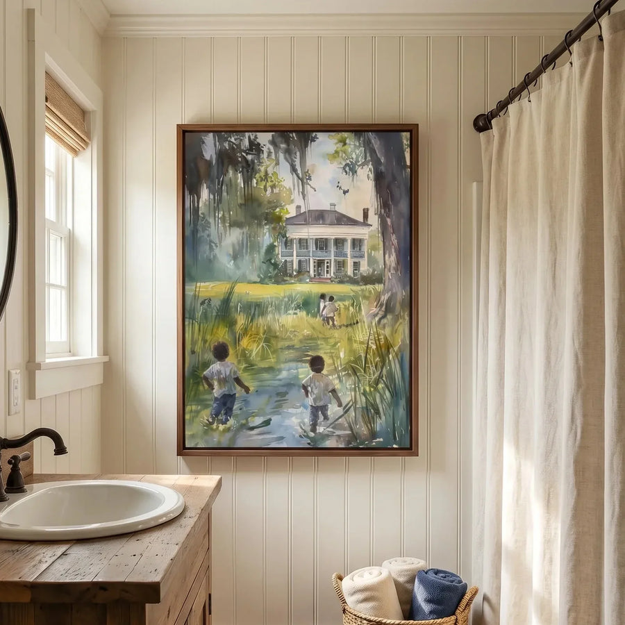 Gullah Geechee art in coastal bathroom with beadboard and brick floor, Black children lowcountry. Digital mockup.