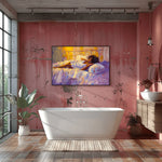 Black woman canvas art in bathroom with Industrial chic bathroom with freestanding tub, pink distressed walls, large plant. Digital mockup.