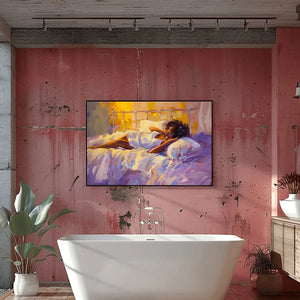African American bathroom art canvas in industrial bathroom with coral wall and freestanding tub, Black woman art. Digital mockup.