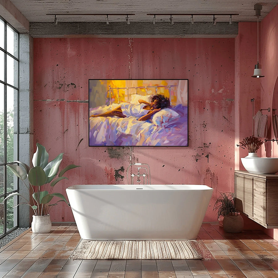 Black woman canvas art in bathroom with Industrial chic bathroom with freestanding tub, pink distressed walls, large plant. Digital mockup.