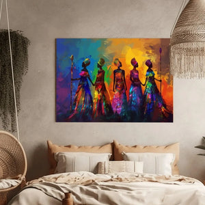 African American art for bedroom in boho rustic bedroom with hanging chair and macramé, five colorful tribal African women. Digital mockup.