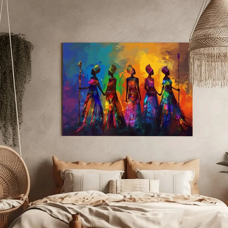 African American art for bedroom in boho rustic bedroom with hanging chair and macramé, five colorful tribal African women. Digital mockup.
