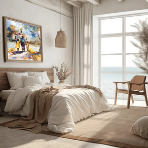 Gullah Geechee art in coastal bedroom with linen bedding and ocean view, Black family walking to church. Digital mockup.