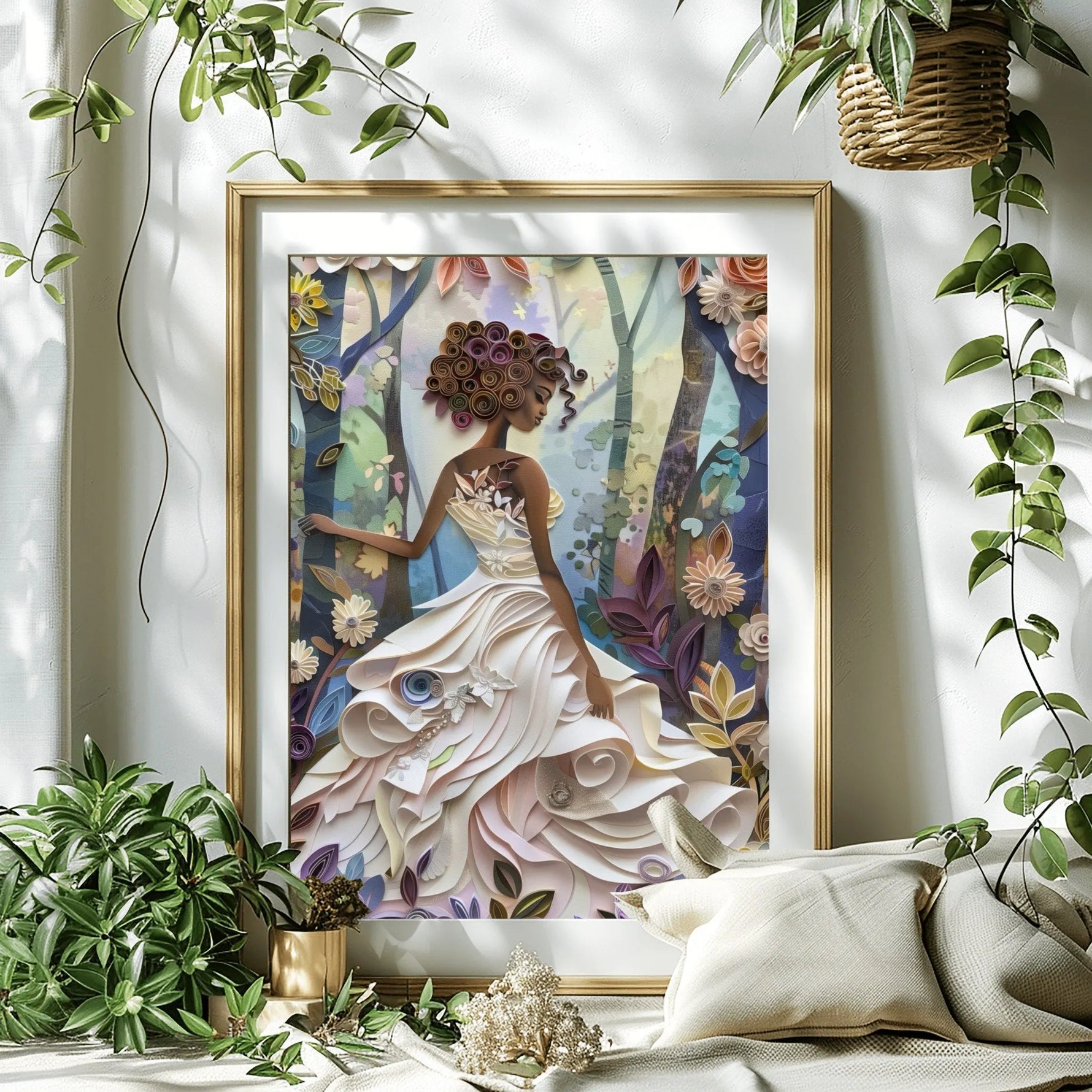 Black woman canvas art in bedroom with Plant filled bohemian bedroom with trailing vines, quilling woman in forest gold. Digital mockup.
