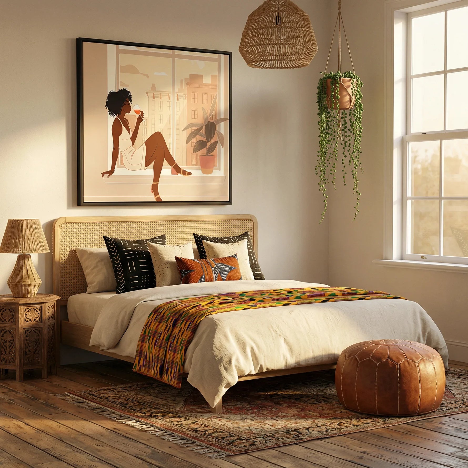 Black woman canvas wall art in bedroom with Boho bedroom with rattan headboard, kente throw, mud cloth pillows and leather. Digital mockup.
