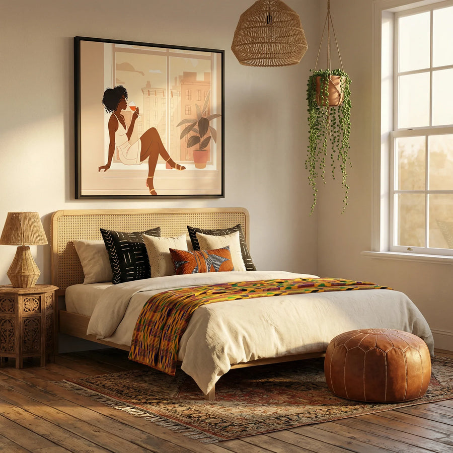 Black woman canvas wall art in bedroom with Boho bedroom with rattan headboard, kente throw, mud cloth pillows and leather. Digital mockup.