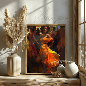 Confident Black woman office decor detail of artwork on rustic console with pampas, Black woman in orange dress dancing salsa. Digital mockup.