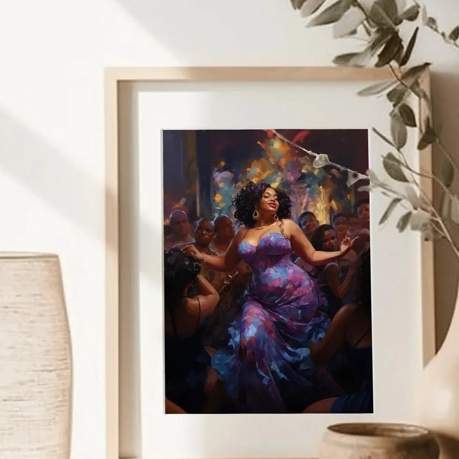 Confident Black woman office decor detail of artwork on scandi console with eucalyptus, curvy Black woman dancing in purple. Digital mockup.