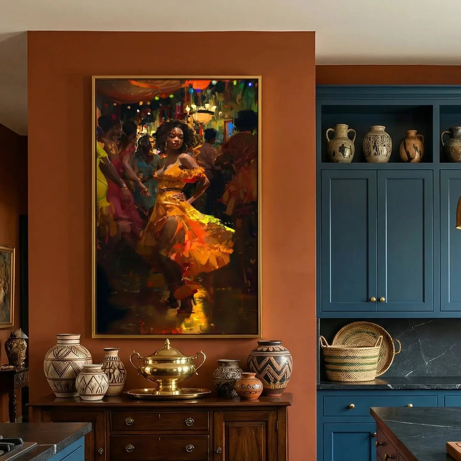 Afrohemian home decor wall art in eclectic kitchen with terracotta wall and navy cabinets, Black woman dancing salsa. Digital mockup.