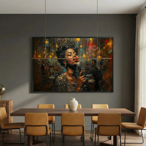 African American dining room art in modern dining with charcoal walls and walnut table, vintage Black jazz singer diptych. Digital mockup.
