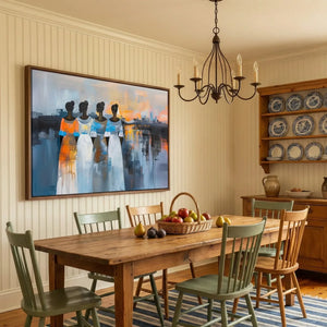 Black art for living room in cottage dining room with sage Windsor chairs and china hutch, four Black women at sunset. Digital mockup.