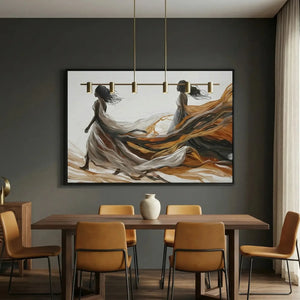 Modern Afro art for office in boho dining room with peacock chair and monstera, abstract Black women walking free. Digital mockup.