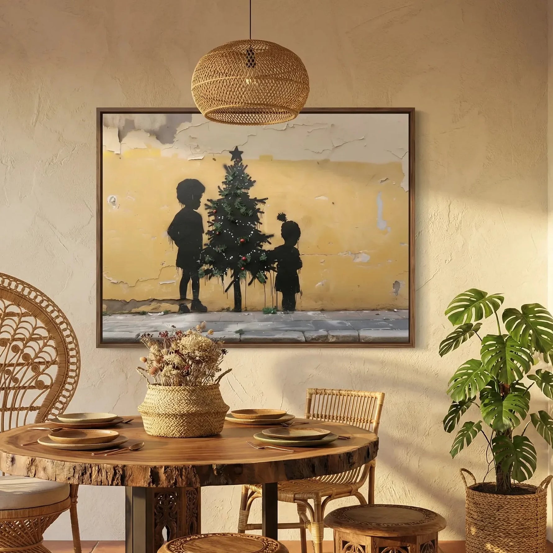 Afrocentric kitchen decor in boho dining room with peacock chairs and monstera, street-art Black children Christmas. Digital mockup.