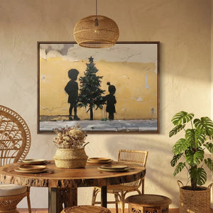 Afrocentric kitchen decor in boho dining room with peacock chairs and monstera, street-art Black children Christmas. Digital mockup.