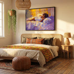 Modern Black art in bedroom with Boho bedroom with rattan headboard, kente throw, African print pillows. Digital mockup.