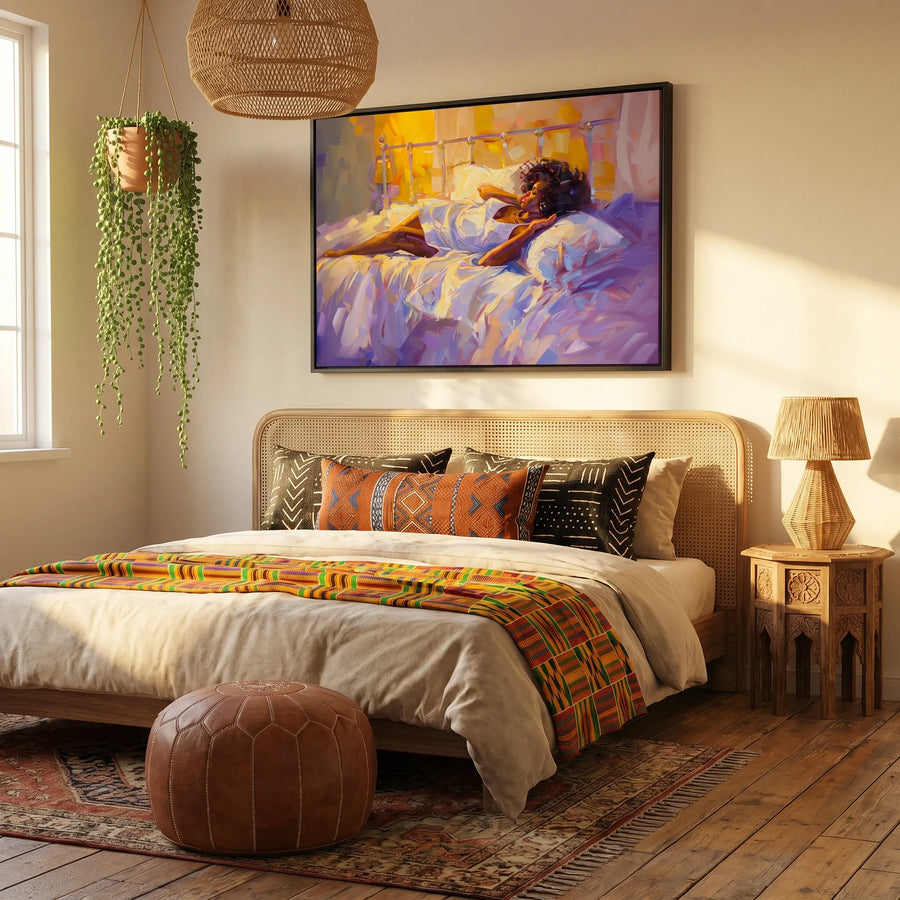 Modern Black art in bedroom with Boho bedroom with rattan headboard, kente throw, African print pillows. Digital mockup.
