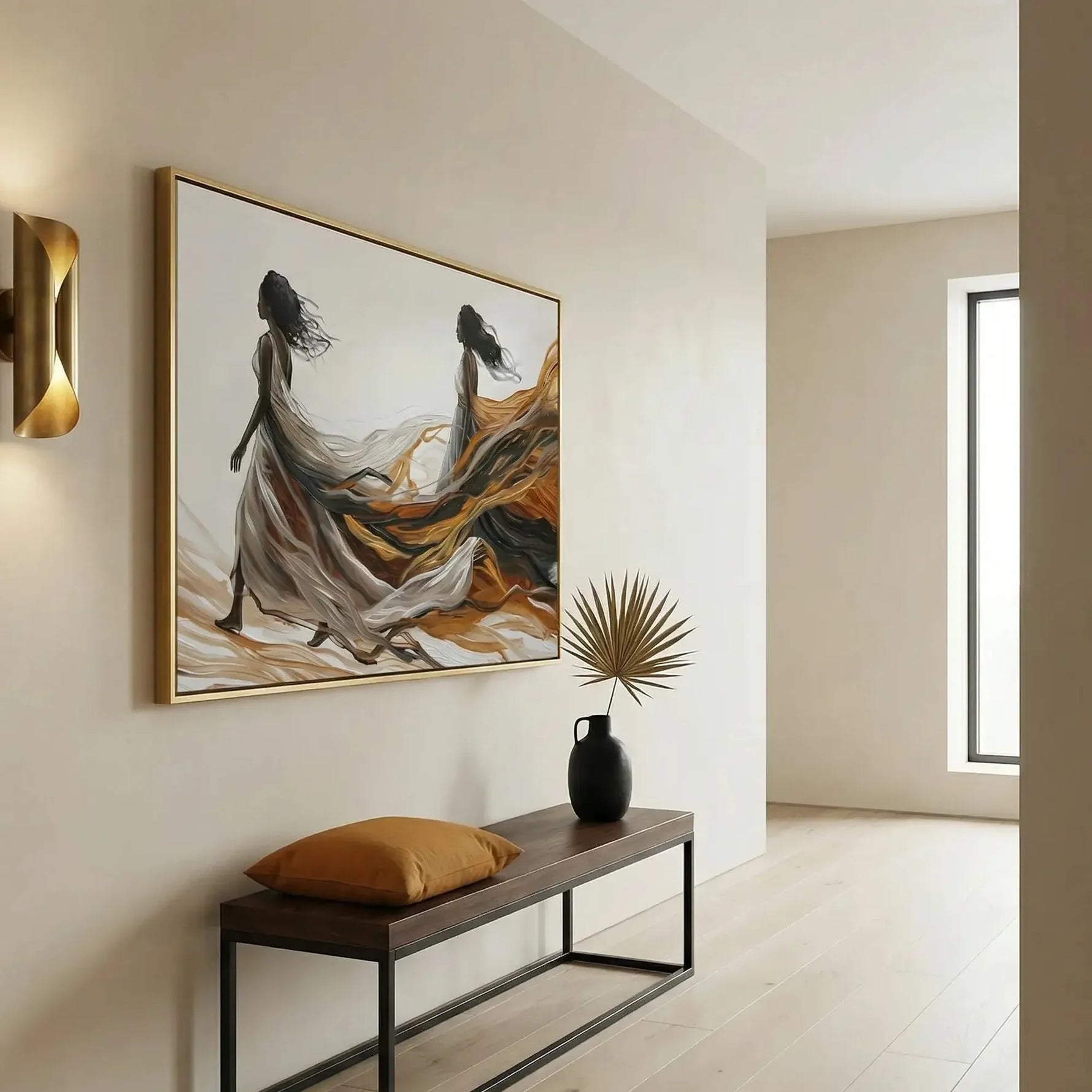 Modern Black art for apartment in minimalist hallway with brass sconce and walnut bench, abstract Black women walking. Digital mockup.