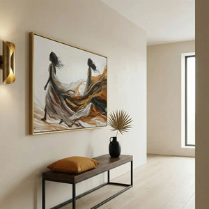 Modern Black art for apartment in minimalist hallway with brass sconce and walnut bench, abstract Black women walking. Digital mockup.