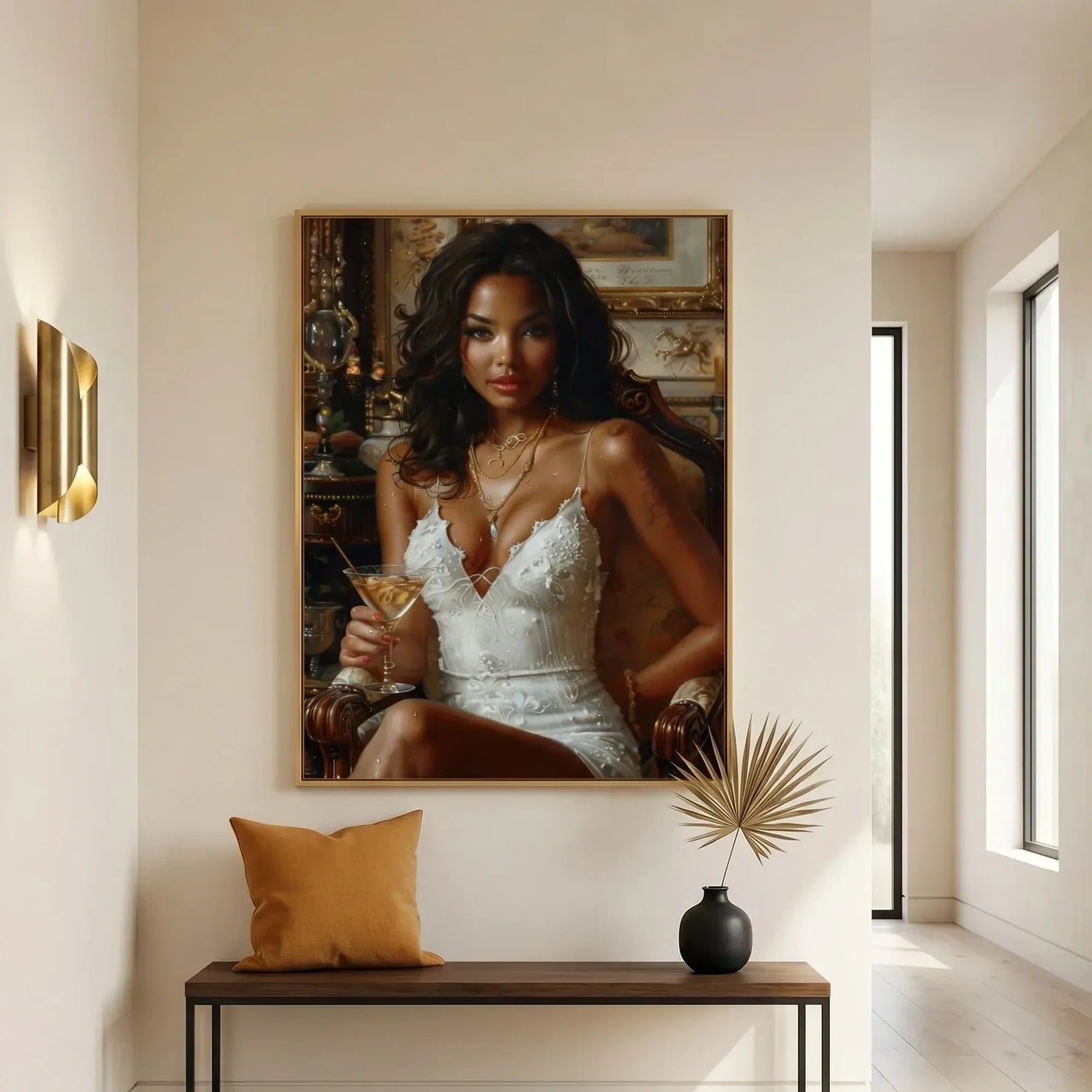 Afrohemian home decor wall art in Mediterranean bathroom with cream plaster and brass vessel sink, Black woman in white dress. Digital mockup.