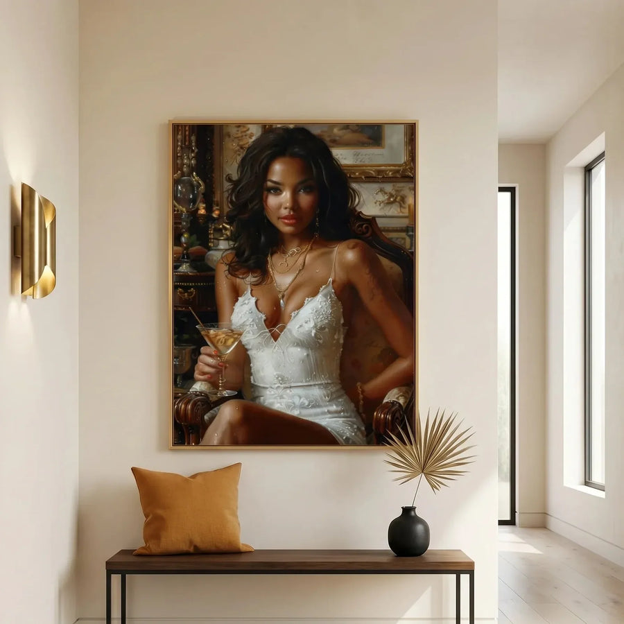 Afrohemian home decor wall art in Mediterranean bathroom with cream plaster and brass vessel sink, Black woman in white dress. Digital mockup.
